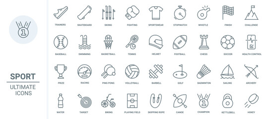 Sport thin line icons set vector illustration. Outline sportswear and equipment for training boxing and skiing, trophy in challenge competition of tennis and basketball, soccer and volleyball