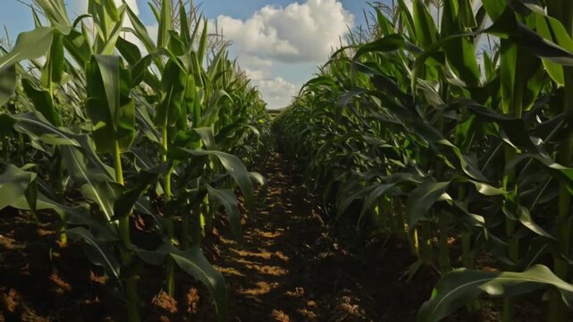 A symmetrical rows of lush green corn stalks growing in a field with a blue sky. The image captures the natural beauty of agriculture, the rows leading the viewer's eye into the distance.  Stock Video