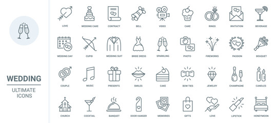 Wedding thin line icons set vector illustration. Outline rings and jewelry gift of love and marriage, cake cocktails and champagne for banquet, envelope with invitation, music and fireworks symbols