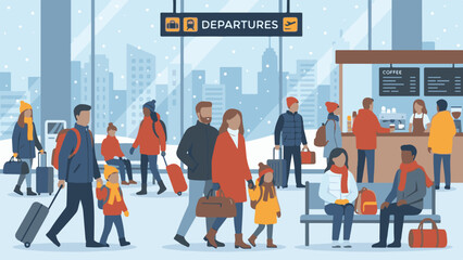 People traveling in a busy airport or train terminal during winter