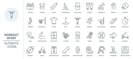 Sports workout thin line icons set vector illustration. Outline calculator of calories and fitness exercises for weight control, running and bodybuilding of athlete in gym and stadium, diving