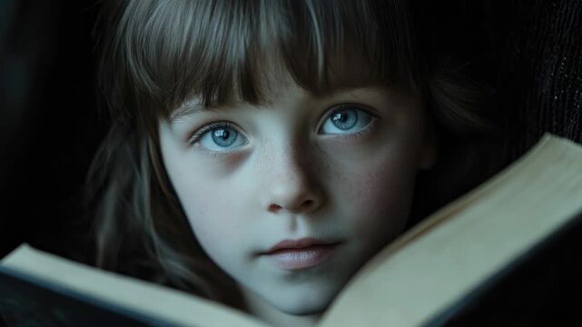Video A little girl reading a book by flashlight in a dark room