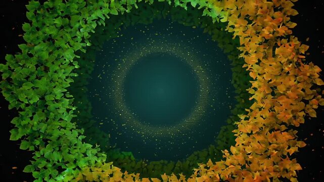 Abstract circular pattern with green and orange leaves on dark background