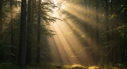 Obraz premium Brilliant sunbeams pierce through the dense canopy of a verdant woodland area