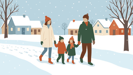 Happy family walking together in snowy winter village landscape illustration