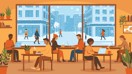 Cafe interior with people working on laptops, overlooking a winter city street