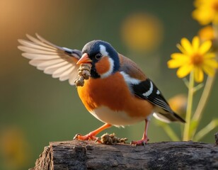 Orange bird sits on tree stump carrying food for nest. Wildlife close up photo of colorful finch bird with spread wings against yellow meadow flowers and green field.