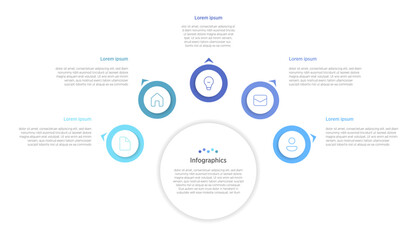Naklejka premium 5 circle infographics are visual designs featuring five interconnected or segmented circles, ideal for illustrating processes, stages, data distributions, or concepts in presentations and reports.
