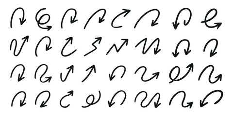 Collection of quirky spiral, curved, and twisted hand drawn arrows in various directions, ideal for creative design, infographic, or web elements, isolated on white background vector illustration