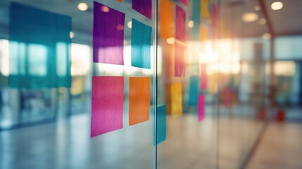 Colorful sticky notes fill glass wall in office workspace during daylight