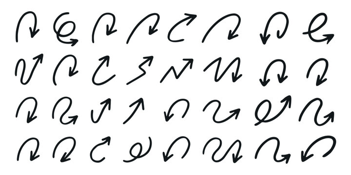 Collection of quirky spiral, curved, and twisted hand drawn arrows in various directions, ideal for creative design, infographic, or web elements, isolated on white background vector illustration
