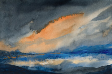 Semi-abstract landscape. Watercolour and ink on paper. Versatile hand painted artistic image for creative design projects: posters, websites, banners, cards, prints, wallpapers. Artist-made art.