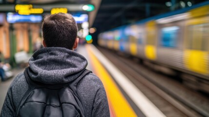 Waiting for a train on a busy platform in an urban area during the evening