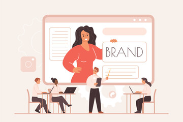 Business team attending online webinar about personal brand presence, digital marketing, and professional growth, featuring diverse people and modern workspace vector illustration