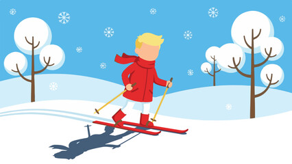 Flat design illustration of a person skiing in a snowy winter landscape