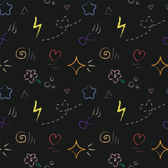Playful Hand-Drawn chalk style Doodle Pattern on Dark Background – Seamless Vector for Fabric, Wallpaper & Prints - notebooks, stationery, kids outfits etc