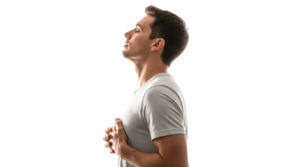 Man holding hands over heart isolated on transparent background