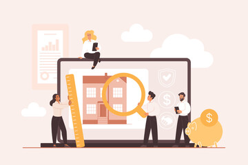 Team evaluating real estate value and investment opportunities using digital tools, financial data, and property analysis for informed decision making vector illustration