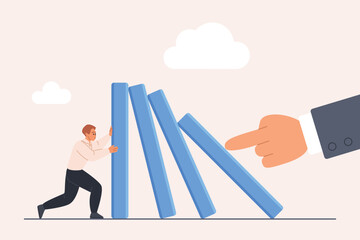 Businessman prevents falling dominoes triggered by a large hand, symbolizing proactive crisis management, risk prevention, and leadership in challenging situations vector illustration