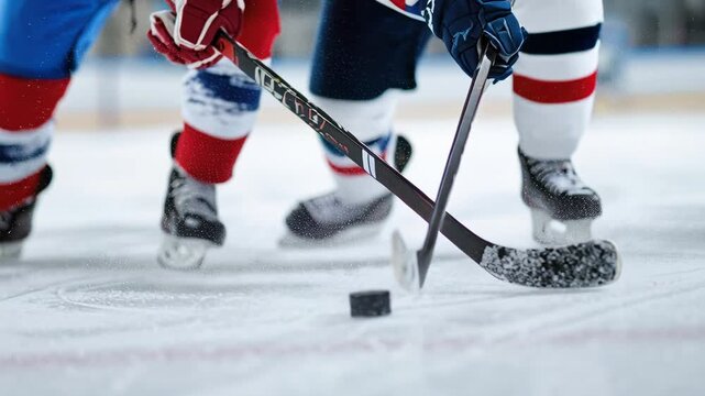 close-up action on icy rink with skates, sticks, puck and spray of shaved ice; rival players in red and blue jerseys fight for possession during intense outdoor