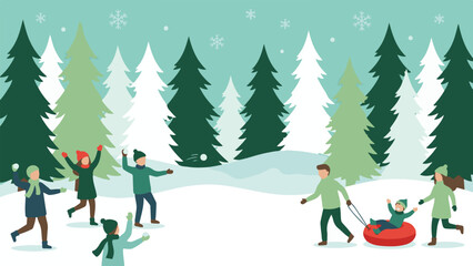 Happy people enjoying winter activities in a snowy forest landscape