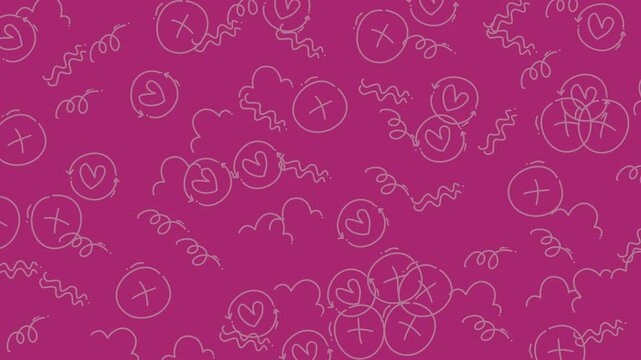 Pink backdrop with sketched hearts, crosses, and wavy lines pattern. Ideal for valentines day designs, stationery, and lovethemed products.