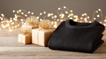 Warm sweater and gift boxes arranged on a wooden table with lights