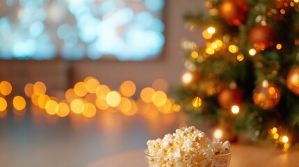 Popcorn sits on table near Christmas tree with warm lights in background