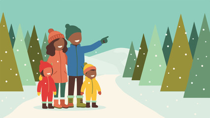 Happy diverse family walking through a snowy winter forest illustration