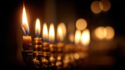 Hanukkah candles glowing in warm dark background symbolizing Jewish holiday faith light tradition and celebration