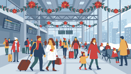 Obraz premium Travelers in a snow-covered airport terminal decorated for Christmas holidays