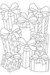Hand drawn illustration of decorative gift boxes with bows, isolated on a clean background. Printable coloring page. Ideal for coloring books, creative projects, or festive holiday designs. PNG. Vecto