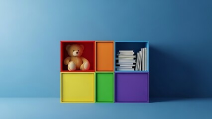 Colorful Cubes with Teddy Bear and Books on Blue Background.
