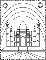 Beautiful Islamic Mosque Coloring Page. Elegant Masjid Line Art for Kids And Adults.
