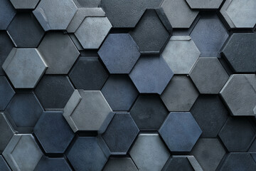 abstract geometric background of interlocking hexagonal shapes in varying shades of gray and blue