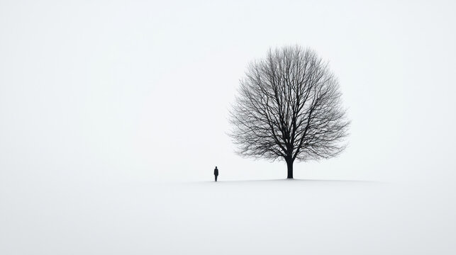 Christmas minimal landscape with single bare tree and solitary person standing in snow evoking peaceful winter solitude