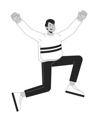 Joyful indian man jumping with raised arms 2D line character. Excited expression. Victory celebration. South asian guy leaping isolated vector ink outline person. Monochromatic spot illustration