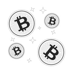 Floating bitcoin coins with sparkles 2D line object. Crypto digital currency levitating. Virtual money. Cryptocurrency twinkles isolated clipart vector ink outline item. Monochrome spot illustration