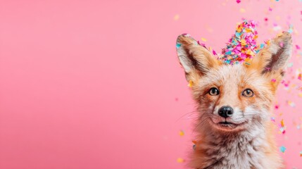 Obraz premium Fox with confetti on its head against a pink background creates a fun scene