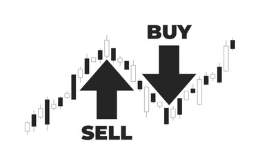 Financial candlestick chart with buy and sell arrows 2D line object. Price trend in forex trading. Stock market movement points isolated clipart vector ink outline item. Monochrome spot illustration