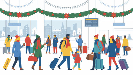 Winter holiday travel in airport terminal with diverse people and luggage