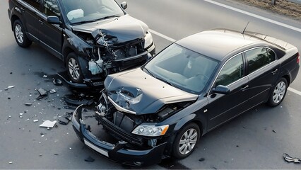 Two black cars damaged after collision on asphalt road with debris accident crash