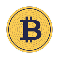 Digital bitcoin coin 2D cartoon object. Modern finance with circuit lines round. Blockchain currency. BTC money. Internet crypto isolated element flat vector clip art on white. Spot illustration