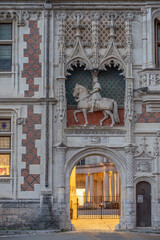 Blois, France - 10 26 2025: Detail view of the equestrian statue of Louis XII above the entrance gate of the Royal Castle facade © Franck Legros