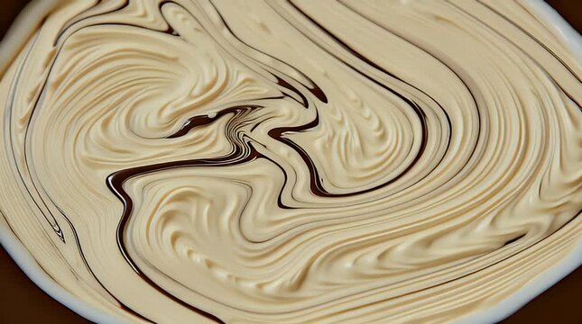 Mesmerizing swirling patterns of molten white and dark chocolate blend, a creamy confectionary mix in fluid motion, creating an appetizing dessert ingredient texture