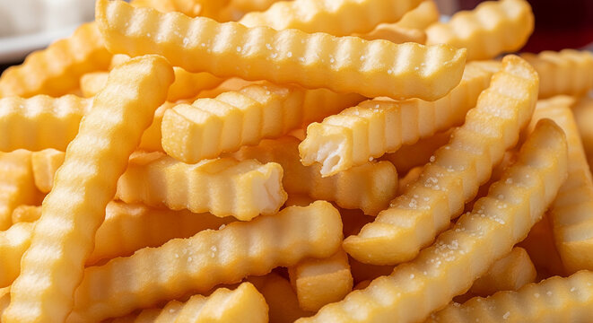 Delicious golden crinkle cut french fries generously sprinkled with coarse sea salt in close up