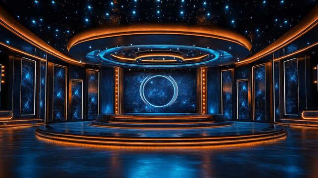 Futuristic game show stage with glowing neon blue and orange lights on dark blue background, perfect for concepts of entertainment, competition, and futuristic technology.