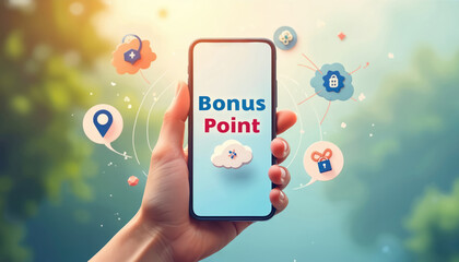 Hand holds smartphone. Phone screen shows Bonus Point text, cloud icon. Digital network symbols like location, lock, plus sign float around device. Abstract image reflects loyalty rewards, customer