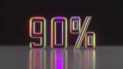 Neon Iridescent 3D 90 Percent Sign. Futuristic Metallic Number with Holographic Reflections on Dark Background. Discount Sale Promotion Concept.