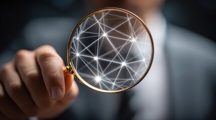 Professional examining a glowing digital network with a magnifying glass, symbolizing data analysis, search, and global connection.